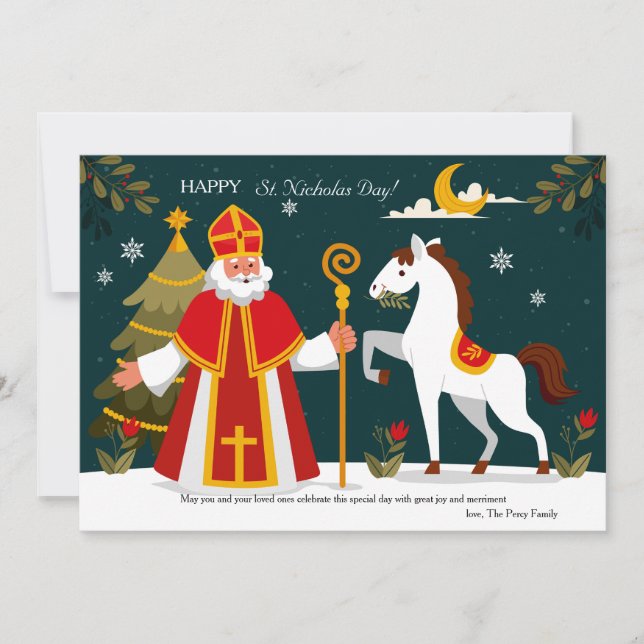 Tarjeta de vacaciones de St. Nicholas y su caballo (Anverso)