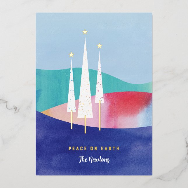 Tarjeta de vacaciones de tres árboles con foil y a (Anverso)