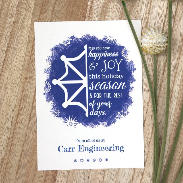 Tarjeta de vacaciones de vacaciones azul, blanca y (Blue Logo Company Holiday Christmas Greeting Card, Modern Snowflake Design)