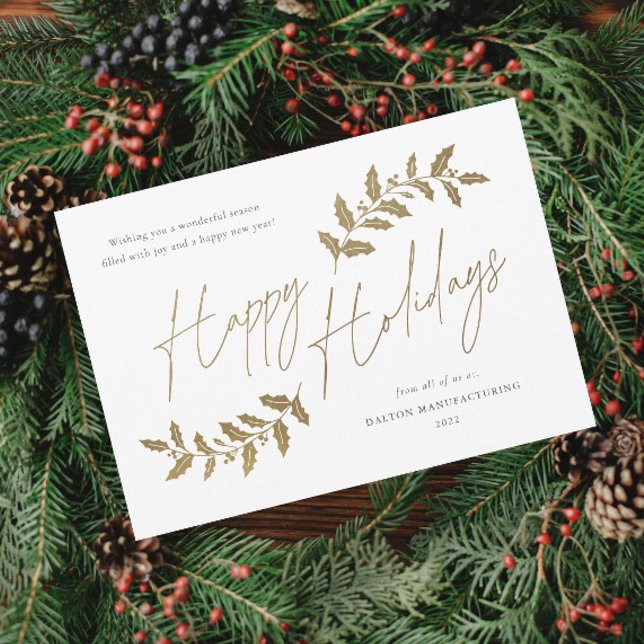 Tarjeta de vacaciones de vacaciones de negocios co (Elegant Script Gold Happy Holidays Greenery Leaves Business Holiday Magnetic Card.)
