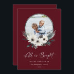 Tarjeta de vacaciones de Wreath de Winter Floral H<br><div class="desc">Todo es script de firma brillante. Acuarela de invierno rústica floral blanca,  ramas de pino y pinecones,  marco fotográfico de aro. Coordinando los antecedentes rústicos de color rojo burdeos.</div>