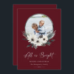 Tarjeta de vacaciones de Wreath de Winter Floral H<br><div class="desc">Todo es script de firma brillante. Acuarela de invierno rústica floral blanca,  ramas de pino y pinecones,  marco fotográfico de aro. Coordinando los antecedentes rústicos de color rojo burdeos.</div>