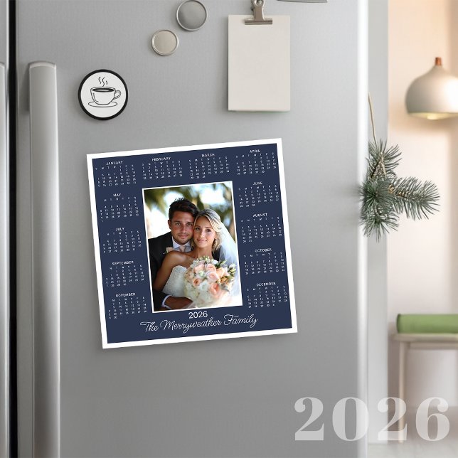 Tarjeta de vacaciones del calendario magnético fot (2026 Navy Blue Photo Magnetic Calendar Holiday Card)