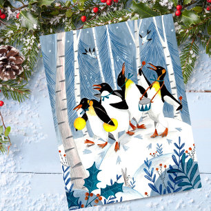 Tarjeta de vacaciones divertida con pingüinos músi