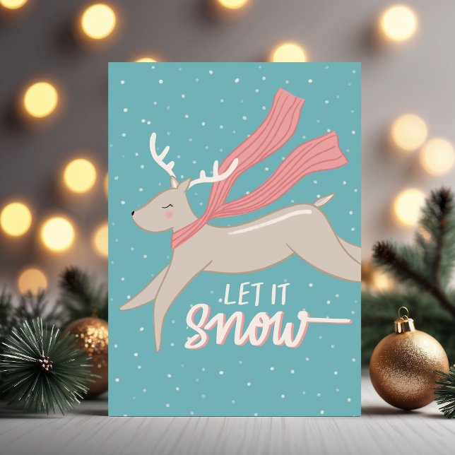 Tarjeta de vacaciones doblable de Reno Bailarín (Prancing reindeer folded holiday card. Illustrated and hand-lettered by Clearlytangled Studio.)