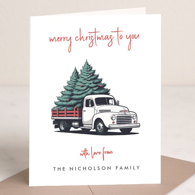 Tarjeta de vacaciones doblada | Camión de entrega  (A vintage inspired delivery truck folded holiday card design with retro festive flair)