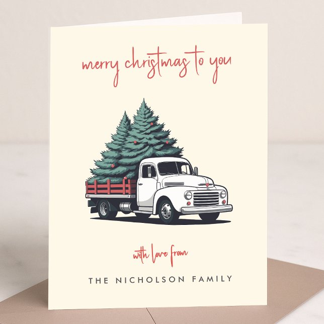 Tarjeta de vacaciones doblada | Camión de entrega  (A vintage inspired delivery truck folded holiday card design with retro festive flair)