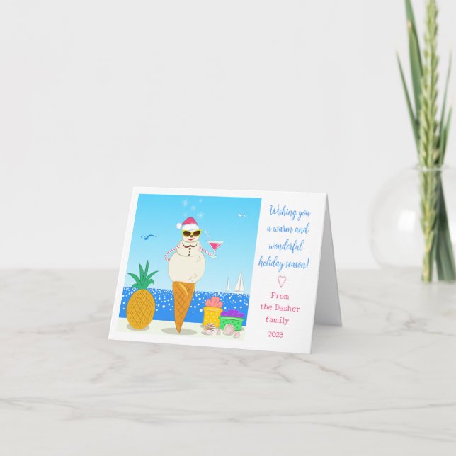 Tarjeta de vacaciones doblada con Santa tropical (Anverso)
