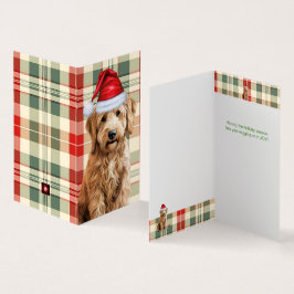 Tarjeta de vacaciones dorada de perro rojo y verde