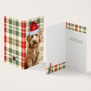 Tarjeta de vacaciones dorada de perro rojo y verde
