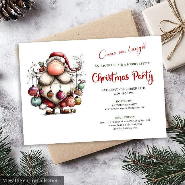 Tarjeta de vacaciones editable roja y verde de San (Jolly Funny Santa Red Green Editable Holiday Invite)