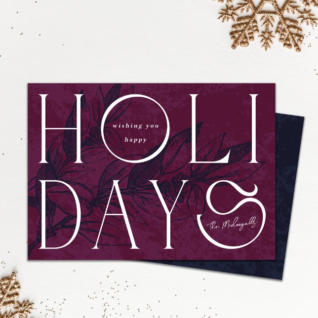 Tarjeta de vacaciones elegante de negocios (Happy Holiday elegant burgundy holiday card shown on white background with gold snowflake ornaments )