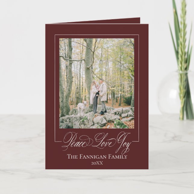 Tarjeta de vacaciones elegante de Peace Love Joy (Anverso)