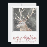 Tarjeta de vacaciones Elk In Winter Snow<br><div class="desc">Una serena y alce en la nieve de invierno con brillantes luces de árbol en las gargantas,  con un borde de pino y hoja en bruto. El rosa moderno escribe con alegría la Navidad.</div>