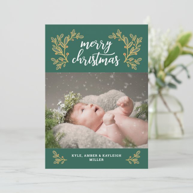 Tarjeta de vacaciones Evergreen Holly Navidades (Anverso de pie)