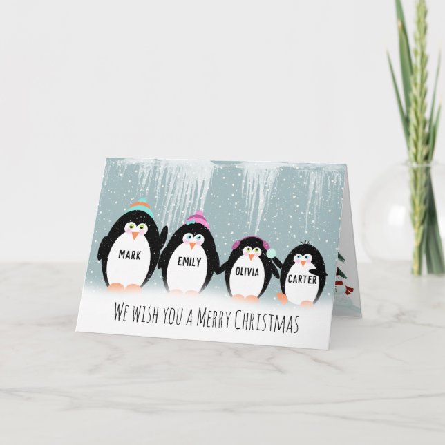 Tarjeta de vacaciones familiar Penguin para navida (Anverso)