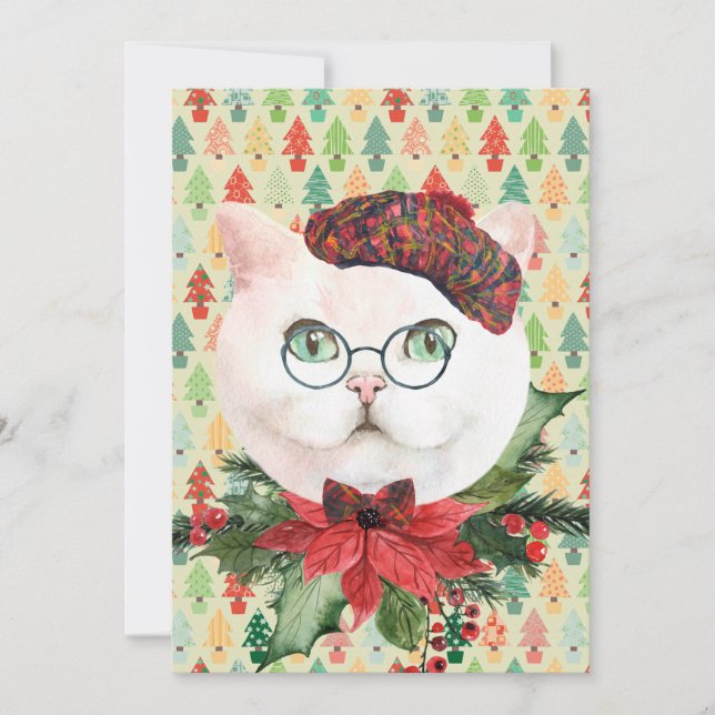Tarjeta de vacaciones Fancy White Cat & Poinsettia (Anverso)