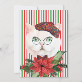 Tarjeta de vacaciones Fancy White Cat & Poinsettia