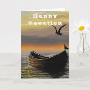 Tarjeta de vacaciones felices de barco al atardece