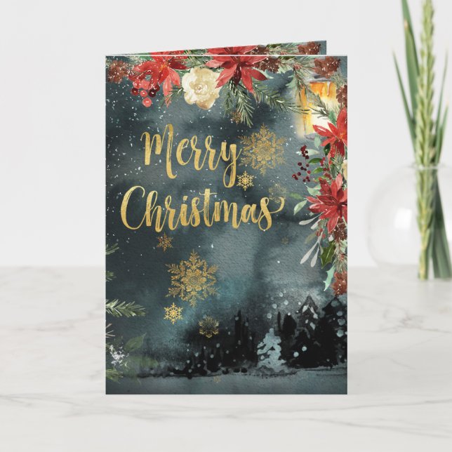 Tarjeta de vacaciones floral Gold Calligraphy Wood (Anverso)
