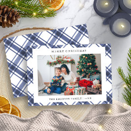 Tarjeta de vacaciones fotográfica azul y blanca