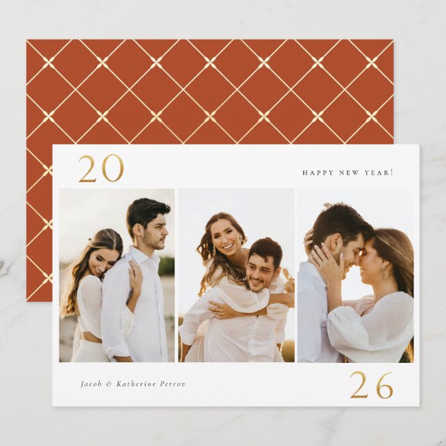 Tarjeta de vacaciones Gold 2024 New Year 3 Photo (Anverso / Reverso)