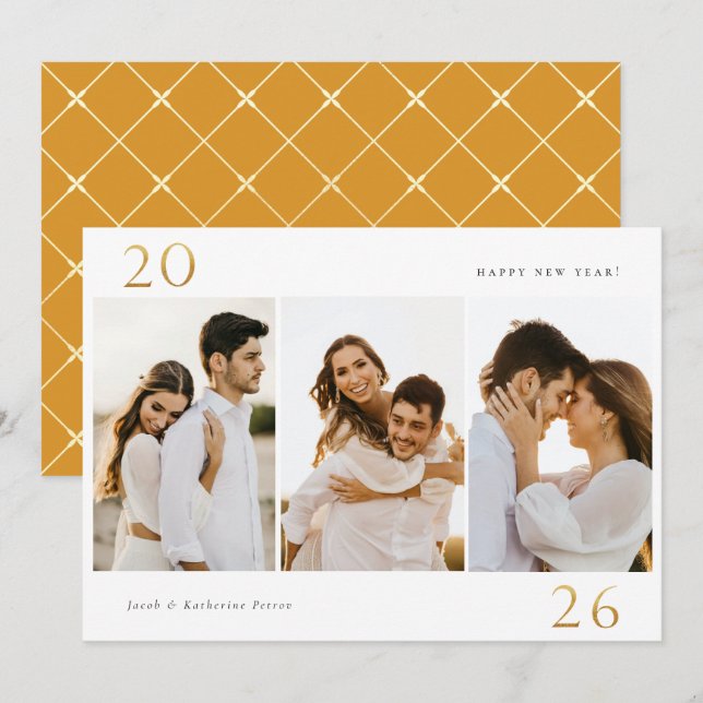 Tarjeta de vacaciones Gold 2024 New Year 3 Photo (Anverso / Reverso)