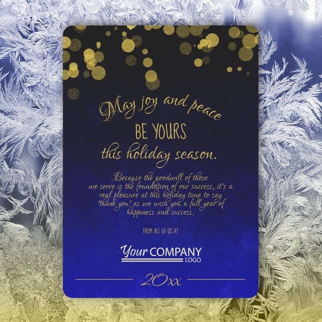 Tarjeta de vacaciones Gold, Dark Blue Company (Royal Blue, Dark Blue, Gold Shimmers Lights Company Holiday Christmas Cards with Business Logo)