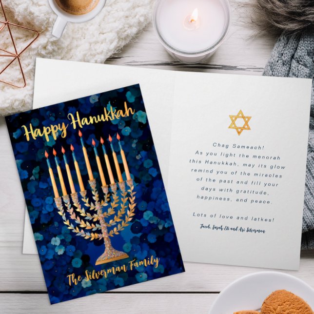 Tarjeta de vacaciones Gold Menorah Hanukkah (Happy Hanukkah Card)