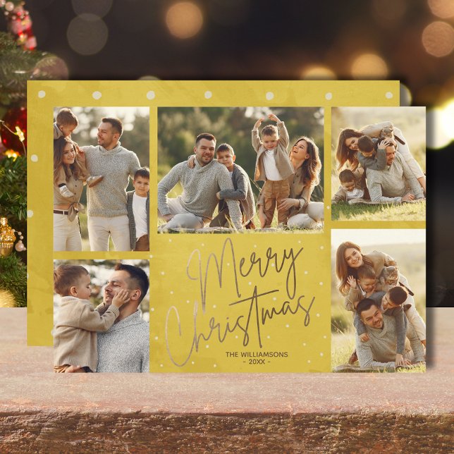Tarjeta de vacaciones Gold Merry Christmas Five Fo (Gold faux foil Merry Christmas five photos flat gold holiday cards with your greeting on the back)