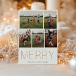 Tarjeta de vacaciones Gold MERRY Moderno Collage d<br><div class="desc">Moderna y elegante "MERRY" dorada, tarjeta de collage de fotos de vacaciones. La tarjeta contiene 5 fotos en la parte delantera con múltiples líneas para el mensaje de su personalizado, nombres y un año atrás de la tarjeta. Se pueden personalizar los colores de fondo, que se muestran en blanco y...</div>