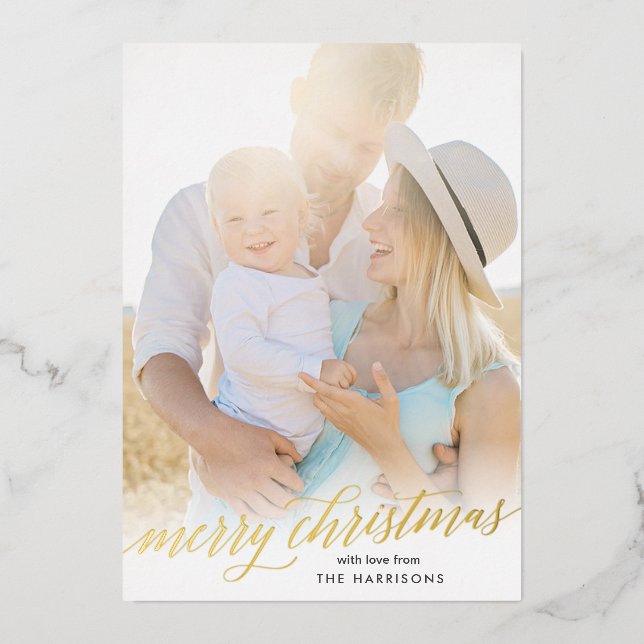 Tarjeta de vacaciones Gold Script Merry Christmas  (Anverso)