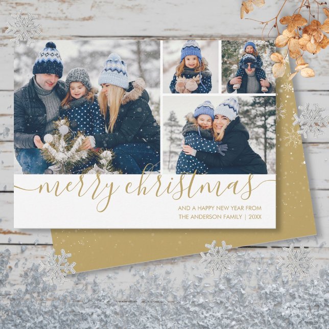 Tarjeta de vacaciones Gold Script Merry Christmas  (Gold Script Merry Christmas 4 Photo Holiday Card)