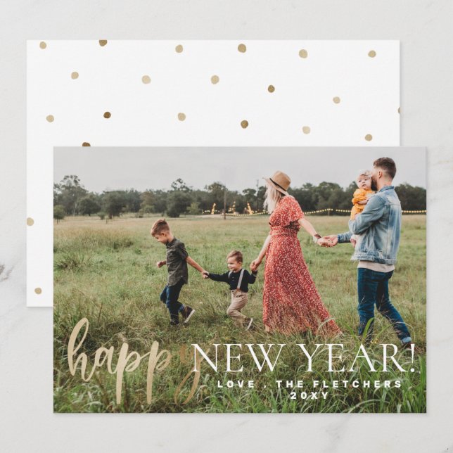 Tarjeta de vacaciones Gold Simple Happy Año Nuevo (Anverso / Reverso)