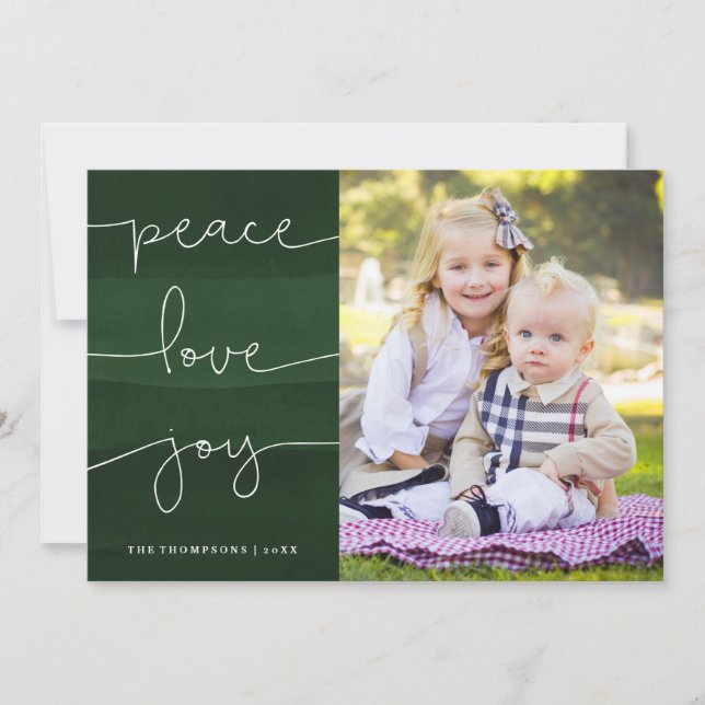 Tarjeta de vacaciones Green Painted Peace Love Joy (Anverso)