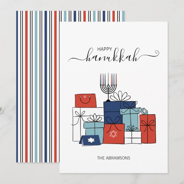 Tarjeta de vacaciones Hanukkah Gifts & Menorah (Anverso / Reverso)