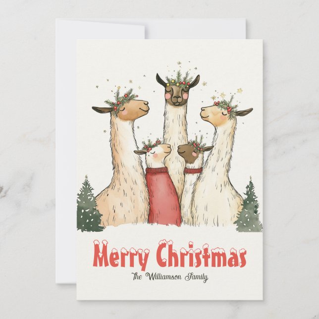 Tarjeta de vacaciones Llama Familia de 5 Navidades (Anverso)