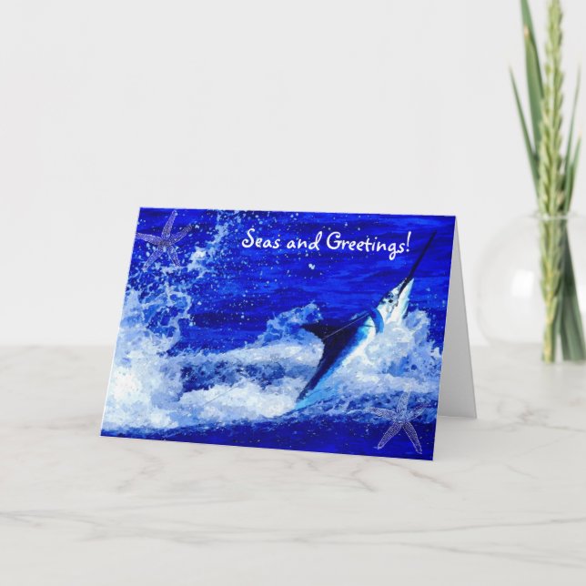 Tarjeta de vacaciones Marlin Seas y Greetings (Anverso)