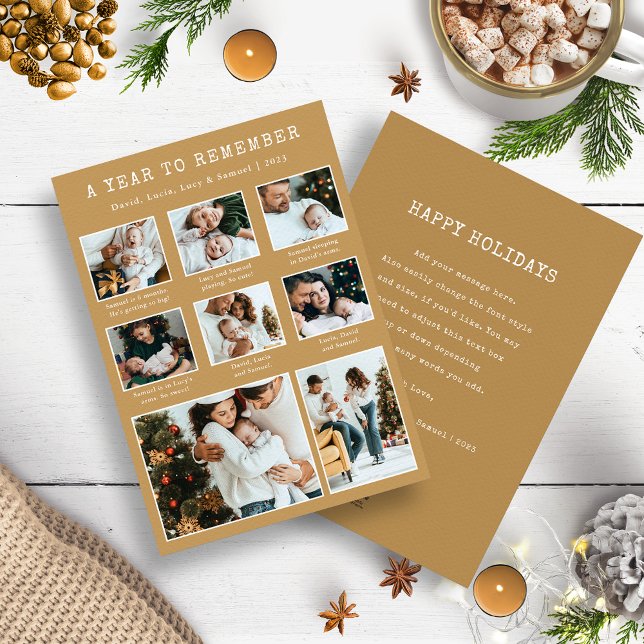 Tarjeta de vacaciones moderna de Collage de fotos  (Gold and White A Year To Remember Photo Collage Christmas Holiday Year In Review Cards)