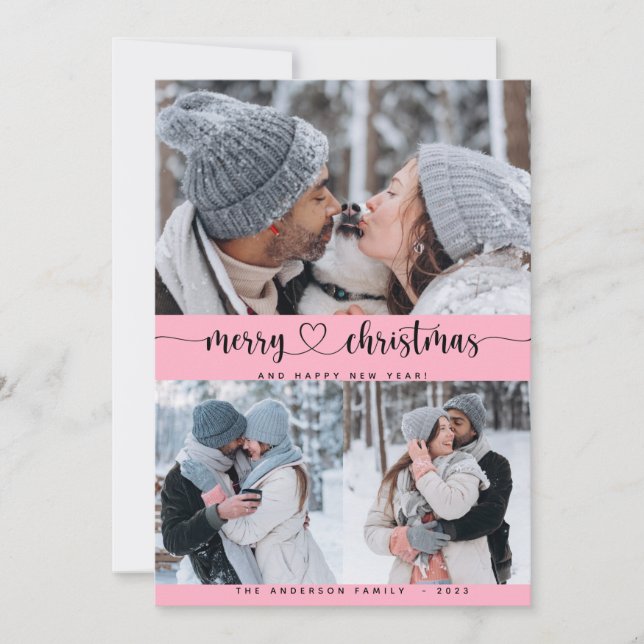 Tarjeta de vacaciones multifoto de color rosa 3 na (Anverso)