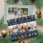 Tarjeta de vacaciones multifoto Winter Sage con fo<br><div class="desc">Elegante tarjeta fotográfica de vacaciones cuenta con un borde de follaje de color verde pálido dibujado a mano sobre un rico fondo azul de medianoche. Añade tres de tus fotos cuadradas favoritas alineadas una al lado de la otra. "Feliz Navidad" aparece en la cima de la moda con letras caligráficas...</div>