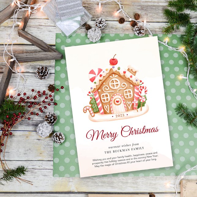 Tarjeta de vacaciones no foto para Navidades de la (Nonphoto Gingerbread House Christmas Holiday Card)