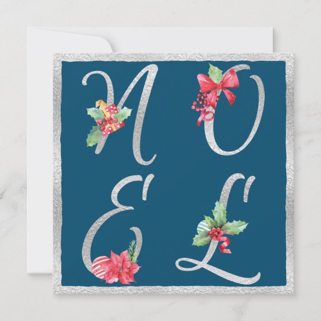 Tarjeta de vacaciones NOEL Blue & Silver Holly Poi (Anverso)