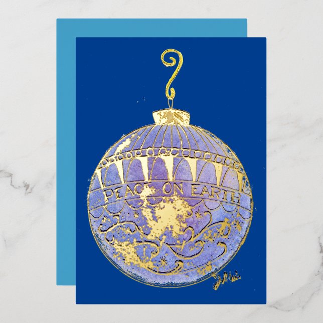 Tarjeta de vacaciones - Ornamento de árbol azul y  (Anverso/Reverso)