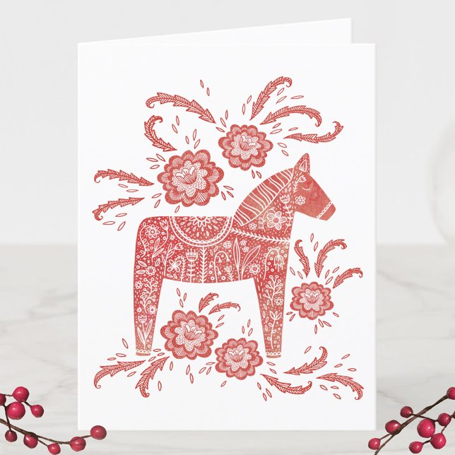 Tarjeta de vacaciones para caballos de God Jul Dal (Swedish Dala Horse personalized red and white God Jul holiday card)