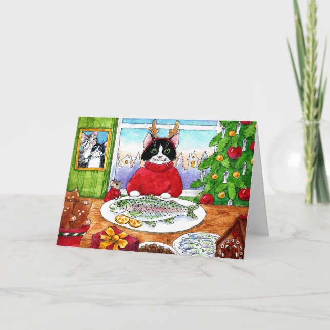 Tarjeta de vacaciones para gato, ratón, Navidades  (Anverso)