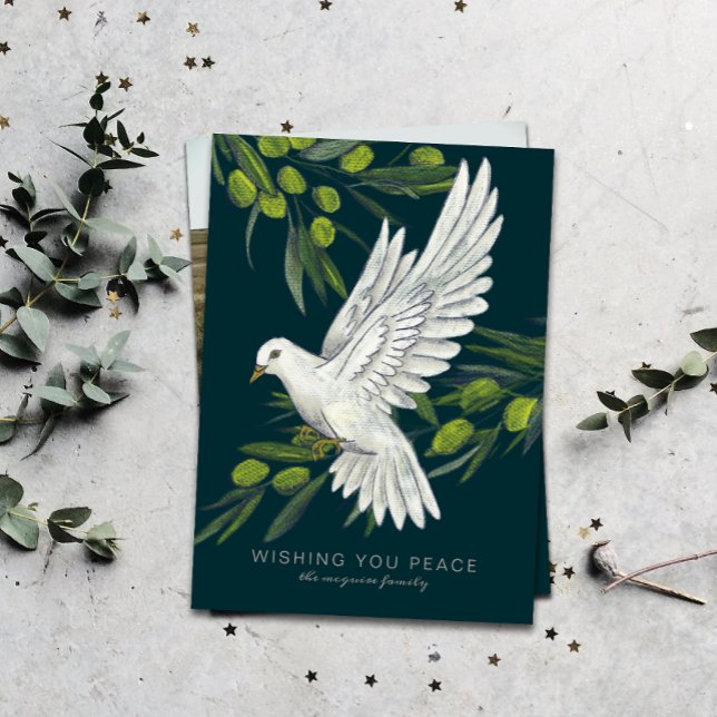 Tarjeta de vacaciones para las ramas de Olive Dove (a flat Christmas card with the message "wishing you peace" and an illustrated white dove)