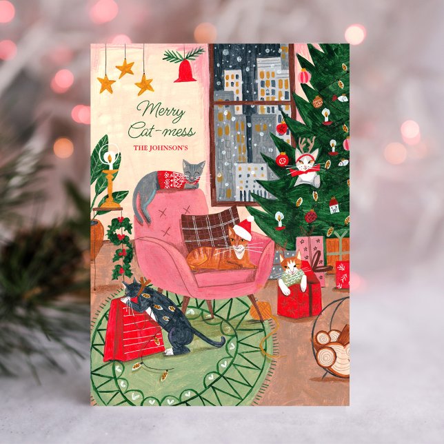 Tarjeta de vacaciones para los Navidades de Gato G (Christmas Cats Merry Cat-mess Holiday Card)
