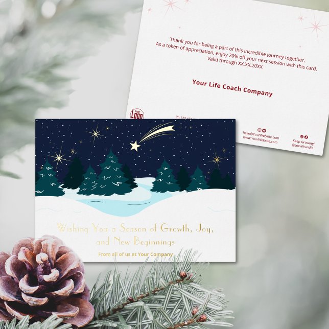 Tarjeta de vacaciones para Navidades con acentos d (Evening Sky Foil Accents Christmas Holiday Card, Business Season Greetings, Shooting Star)