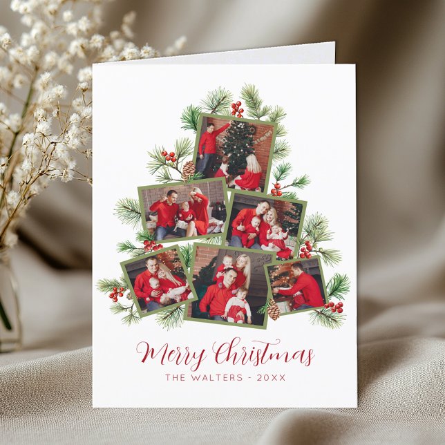 Tarjeta de vacaciones para Navidades de Collage de (Family Christmas Tree Photo Collage)